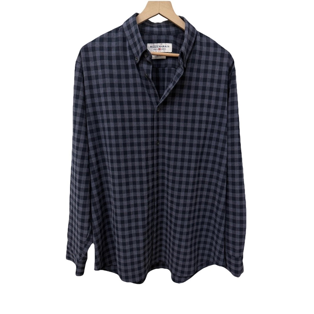 Mizzen+Main Shirt XL Navy Grey Buffalo Check Trim Fit Performance Button Down